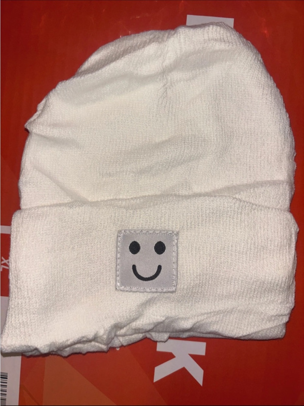 Kids White Beanie Hat with Smiley Patch